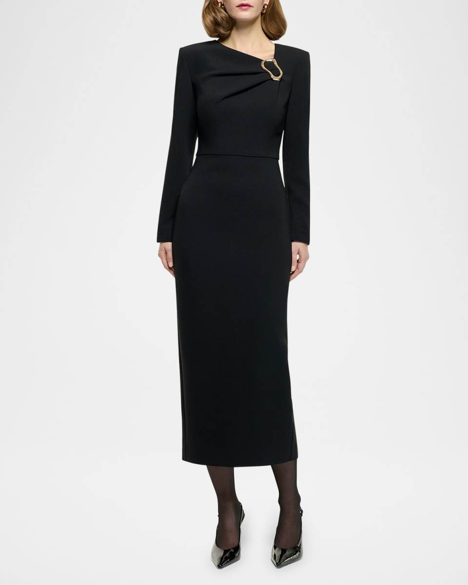 Buckle Long-Sleeve Crepe Midi Dress
